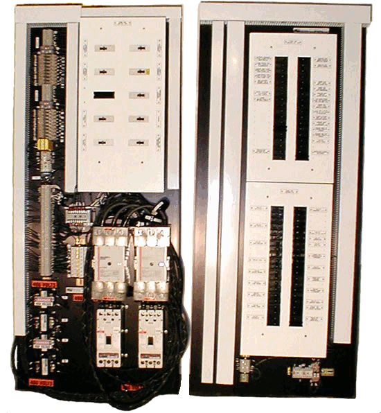 Complex panel with multiple power source and feed control, multiple circuit breakers, and various contactors